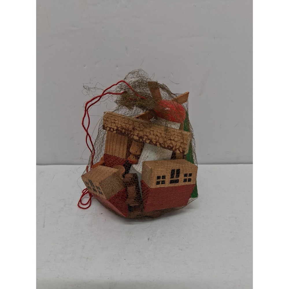 Vintage Miniature Wooden Building Blocks Set Village Windmill Nutcracker Bag